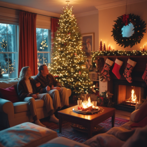 a cozy 90s living room during Christmas, with a glowing tree, stockings on the fireplace, and family gathered, exuding warmth and nostalgia, highlighting the era's popular decor styles