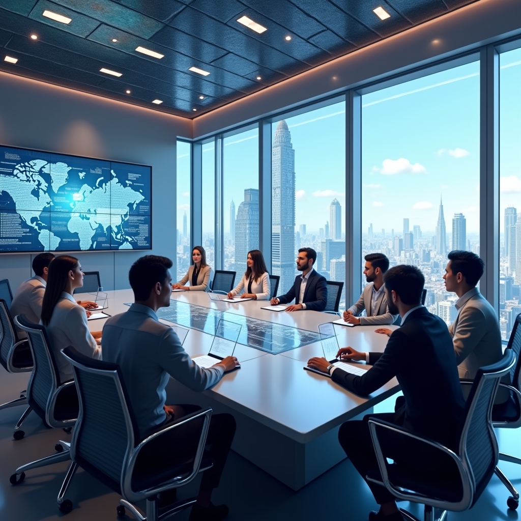 A high-resolution virtual meeting room showing diverse team members as 3D avatars interacting around a digital boardroom table, with immersive details like digital screens displaying real-time data and a panoramic view of a futuristic cityscape outside large virtual windows, ultra-realistic, 8k quality.