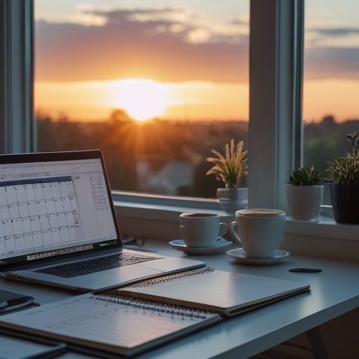 A neatly organized home office space at dawn, showing a clutter-free desk with a planner, a laptop, a cup of coffee, and a view of the sunrise through the window, depicting a serene and productive environment