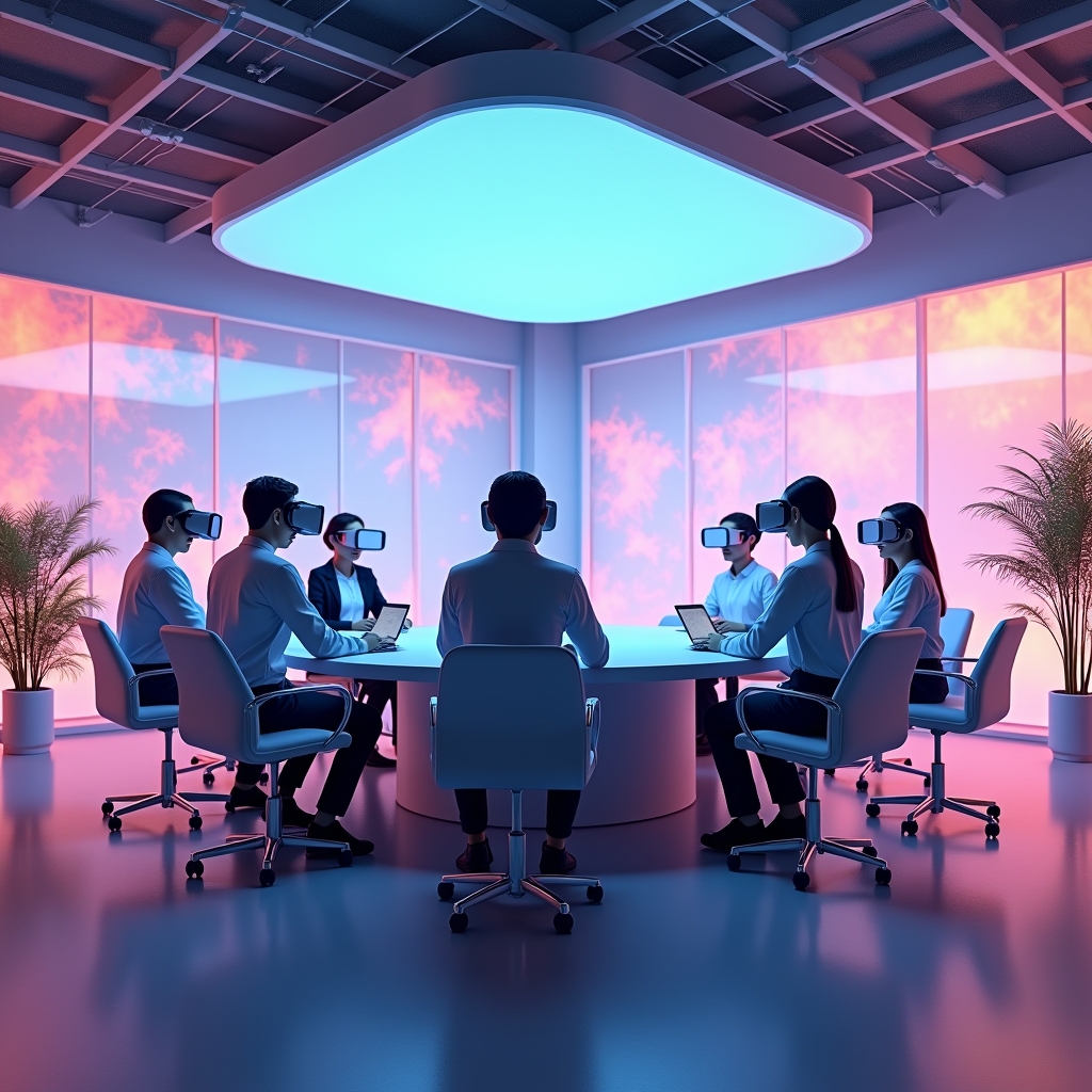 A virtual reality meeting room with participants using VR headsets, displaying a futuristic and interactive 3D environment with high-resolution, photorealistic textures, vibrant colors, and dynamic lighting