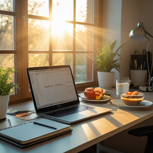 A productive workspace featuring an organized, modern desk with a laptop, planner, and a healthy breakfast on the side, morning sunlight streaming through a nearby window creating a warm, inviting atmosphere