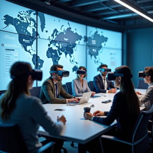 A futuristic virtual reality meeting room showing diverse avatars of team members interacting, highlighted by advanced VR headsets and immersive digital interfaces, conveying a professional yet engaging virtual office environment.