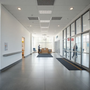 modern business interior with wide aisles, accessible features like ramps and tactile indicators, natural lighting, and a welcoming atmosphere