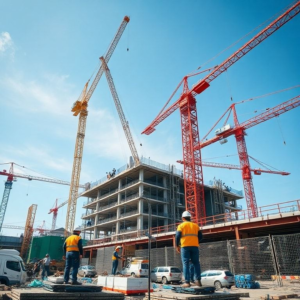A busy construction site in Thailand showing workers using advanced equipment and materials compliant with new safety regulations, with cranes, steel beams, and safety barriers under a clear blue sky, demonstrating a bustling, safe, and efficient environment
