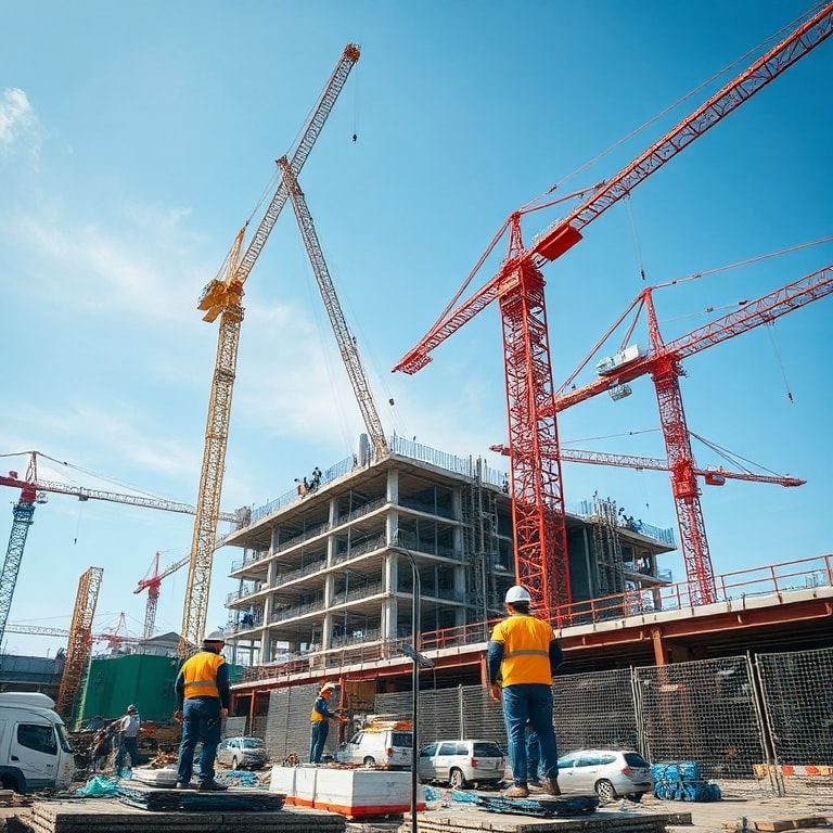 A busy construction site in Thailand showing workers using advanced equipment and materials compliant with new safety regulations, with cranes, steel beams, and safety barriers under a clear blue sky, demonstrating a bustling, safe, and efficient environment