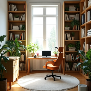 a bright and airy home office showcasing an ergonomic setup with a desk facing a large window, tall bookshelves filled with books and plants, a comfortable office chair, and soft, natural light illuminating the space, creating a calm and productive atmosphere