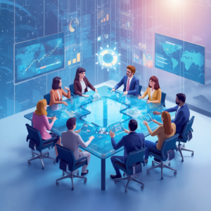 A virtual meeting room displayed in VR, showing avatars of diverse team members interacting around a holographic table with digital screens and dynamic charts, enhancing a futuristic and collaborative atmosphere