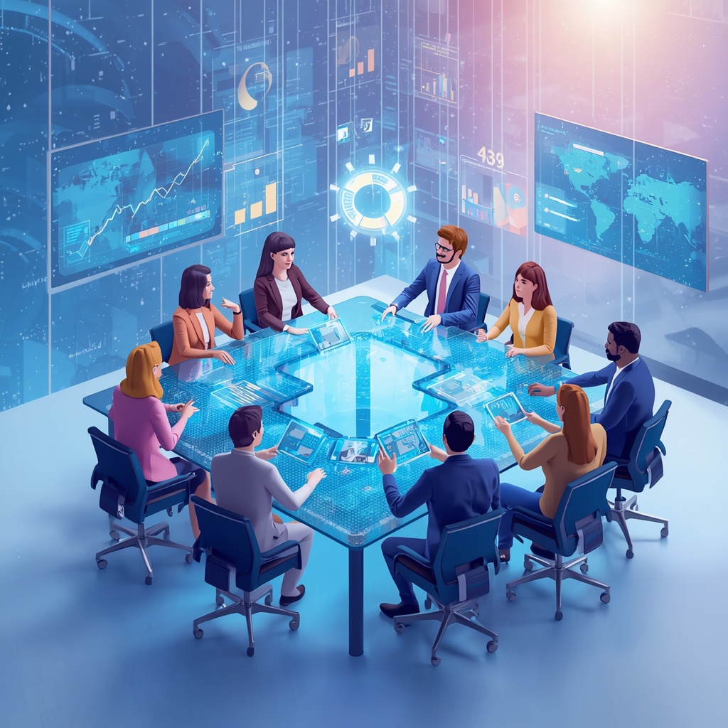 A virtual meeting room displayed in VR, showing avatars of diverse team members interacting around a holographic table with digital screens and dynamic charts, enhancing a futuristic and collaborative atmosphere