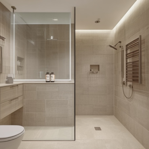 Modern small condo bathroom with large tiles, a glass walk-in shower, minimalistic design with neutral colors, enhancing the feel of spaciousness