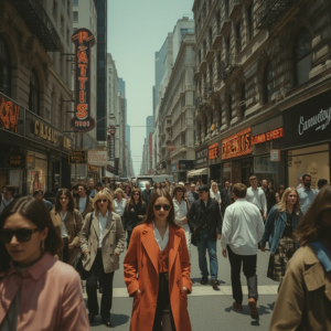 a crowded city street transformed into a scene from the 1990s with people dressed in vintage fashion, neon signs advertising classic brands, a nostalgic filter over the image enhancing the throwback vibe, conveying a palpable sense of stepping back in time
