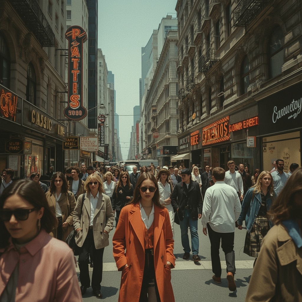 a crowded city street transformed into a scene from the 1990s with people dressed in vintage fashion, neon signs advertising classic brands, a nostalgic filter over the image enhancing the throwback vibe, conveying a palpable sense of stepping back in time