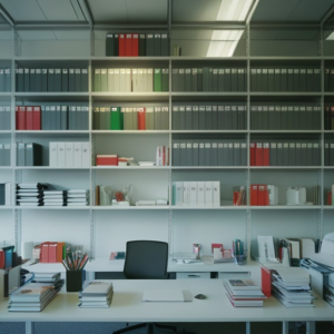 A well-organized office space with vertical shelving above a desk filled with office supplies and books, demonstrating an efficient use of space, bright and airy atmosphere