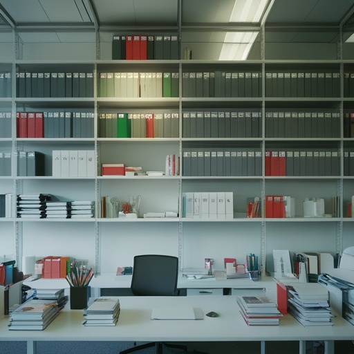 A well-organized office space with vertical shelving above a desk filled with office supplies and books, demonstrating an efficient use of space, bright and airy atmosphere