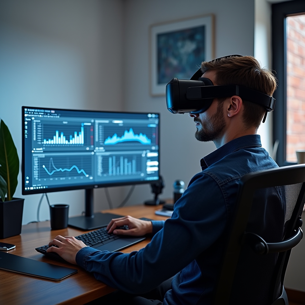 a virtual reality setup used in a home office showing a person wearing a VR headset, interacting with virtual screens displaying graphs and data, modern minimalist home office decor, high-tech ambiance, realistic, high-resolution