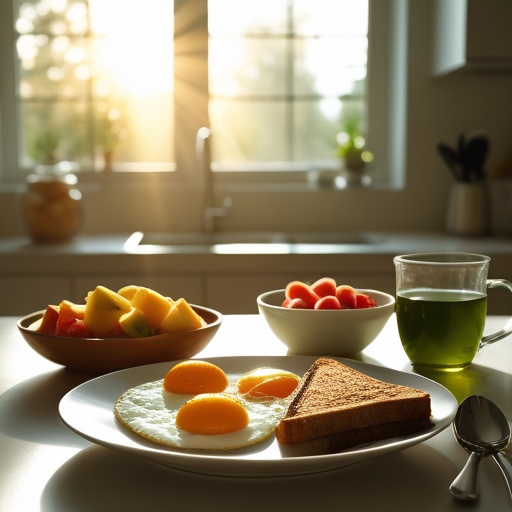 A serene breakfast setting with a balanced meal including eggs, whole-grain toast, a bowl of fruits, and a cup of green tea, morning sunlight filtering through a modern kitchen window, creating a warm, inviting atmosphere