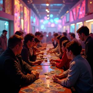 A vibrant community event focused on niche hobbies with diverse groups of people engaging in activities like board games, photography, and DIY projects, showcasing creativity and interaction in a colorful, energetic setting