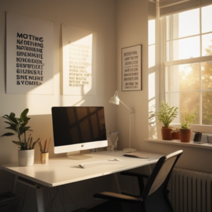 A neatly organized home office with a clean desk, motivational posters on the wall, and morning sunlight streaming through a window, creating a warm, inviting workspace