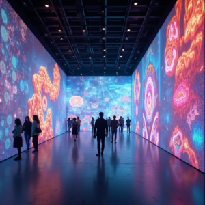 A digital art gallery showcasing various forms of generative art, including intricate digital sculptures and colorful, dynamic projections, highlighting the seamless blend of technology and human creativity, vibrant atmosphere, ultra-realistic, highly detailed, 8k quality, photorealistic
