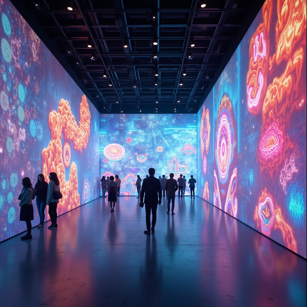 A digital art gallery showcasing various forms of generative art, including intricate digital sculptures and colorful, dynamic projections, highlighting the seamless blend of technology and human creativity, vibrant atmosphere, ultra-realistic, highly detailed, 8k quality, photorealistic