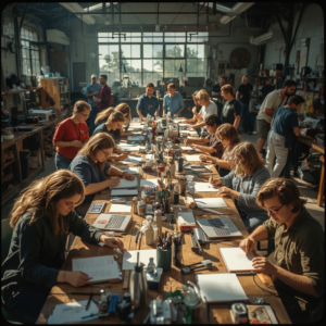 A diverse group of people engaged in various niche hobbies in a large, sunlit workshop space. The scene includes individuals crafting, using technology, and interacting joyfully, illustrating the community aspect of niche hobbies, with a focus on detail and vibrant colors.