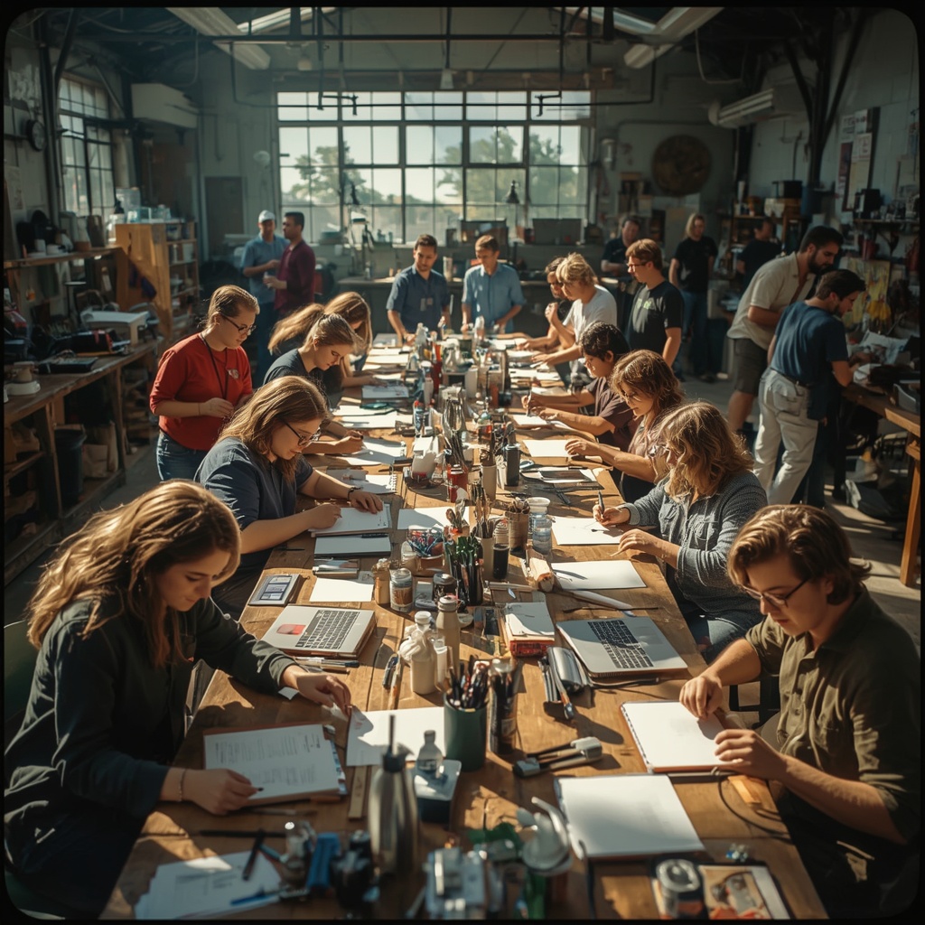 A diverse group of people engaged in various niche hobbies in a large, sunlit workshop space. The scene includes individuals crafting, using technology, and interacting joyfully, illustrating the community aspect of niche hobbies, with a focus on detail and vibrant colors.