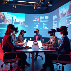 A virtual reality business meeting with diverse avatars interacting in a futuristic virtual office space, showcasing seamless collaboration, high detail on VR headsets and immersive digital environment, vibrant colors, and a high-tech atmosphere.