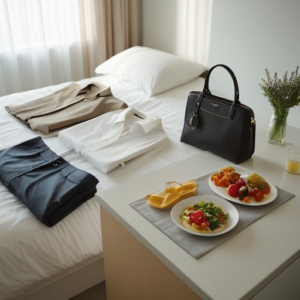 A well-organized bedroom with an outfit laid out for the next day, a pre-packed stylish work bag, and a simple, healthy breakfast setup on a clean kitchen counter. The environment is serene with soft morning light filtering through sheer curtains.