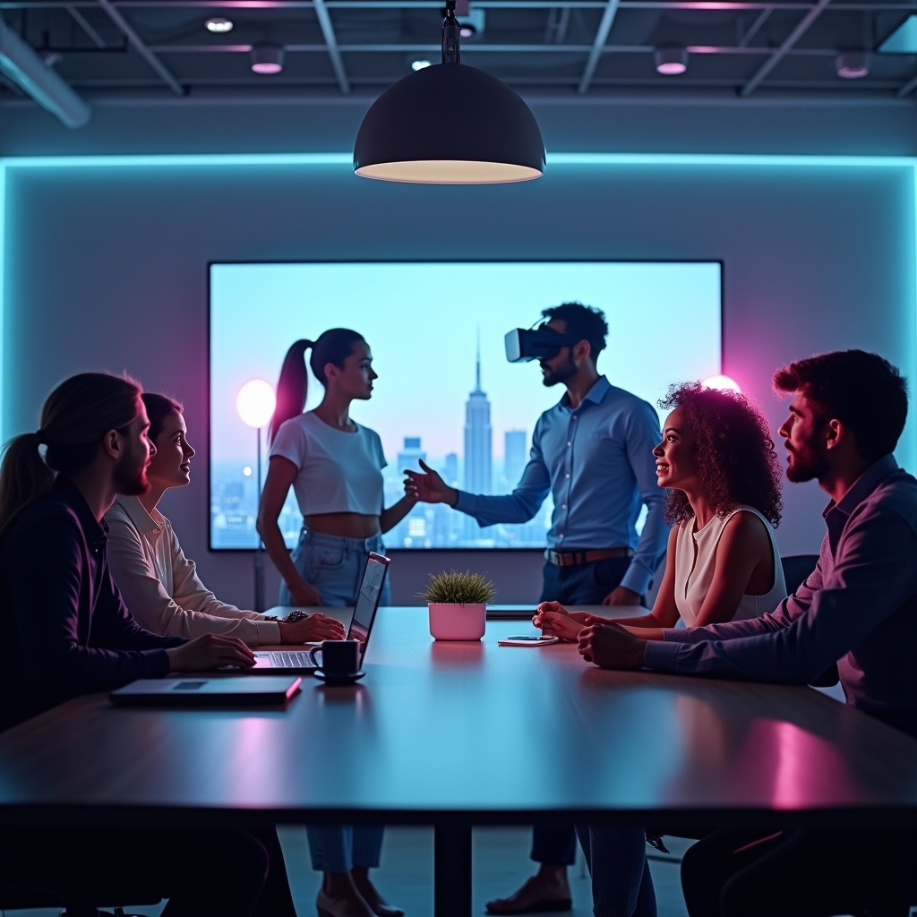 Virtual reality meeting with diverse team members interacting through avatars in a digitally created conference room, showcasing modern technology and teamwork in a virtual environment, bright and professional atmosphere