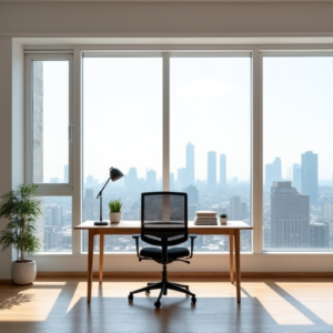 A bright and airy home office with large windows showing the view of a cityscape, the desk is strategically placed to utilize maximum natural light, a modern ergonomic chair and a stylish lamp complement the minimalist decor