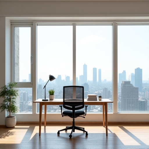 A bright and airy home office with large windows showing the view of a cityscape, the desk is strategically placed to utilize maximum natural light, a modern ergonomic chair and a stylish lamp complement the minimalist decor