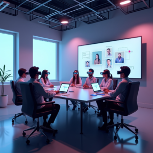 a virtual reality meeting room with avatars of diverse team members interacting, featuring modern, sleek design with high-resolution textures, realistic lighting, and 3D spatial audio