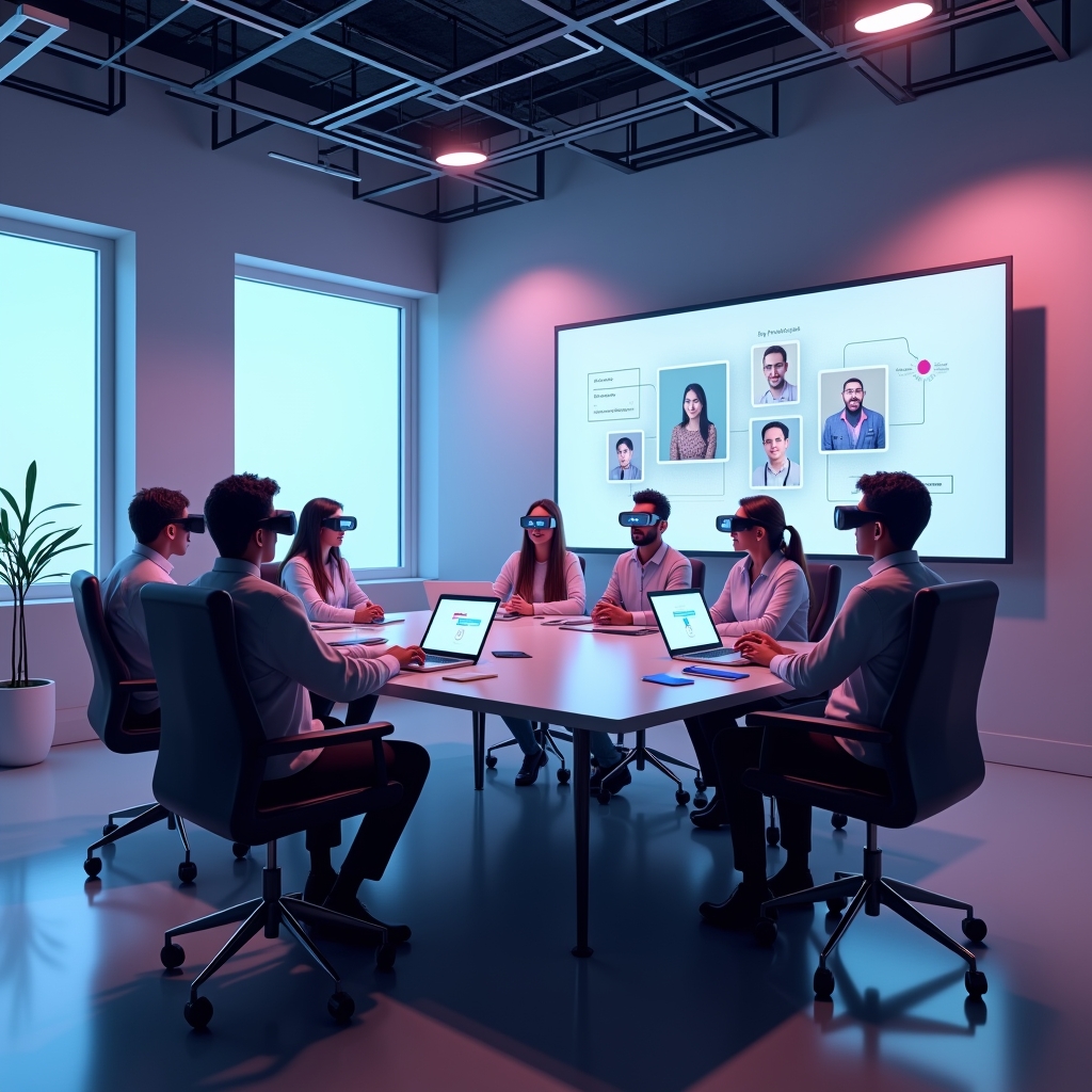 a virtual reality meeting room with avatars of diverse team members interacting, featuring modern, sleek design with high-resolution textures, realistic lighting, and 3D spatial audio