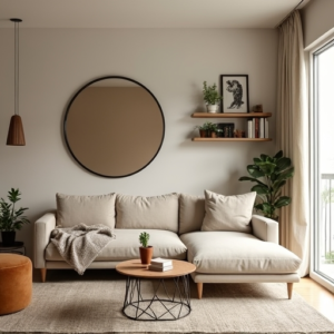 A small, stylish condo living area with light beige walls, modern furniture including a multi-functional sofa, floating shelves with plants and books, and a large mirror strategically placed to reflect natural light and enhance the sense of space, cozy and inviting atmosphere