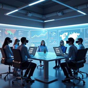 a virtual reality workspace showing diverse avatars collaborating around a high-tech virtual table, with digital screens displaying data and graphs, in a sleek, modern virtual environment that reflects a dynamic and futuristic office setting