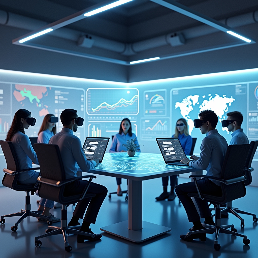 a virtual reality workspace showing diverse avatars collaborating around a high-tech virtual table, with digital screens displaying data and graphs, in a sleek, modern virtual environment that reflects a dynamic and futuristic office setting