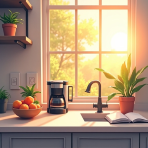 a serene morning scene showing a neatly organized kitchen counter with a modern coffee maker, a bright fruit bowl, planner, and a soft sunrise illuminating the room, conveying a peaceful start to the day, highly detailed, photorealistic