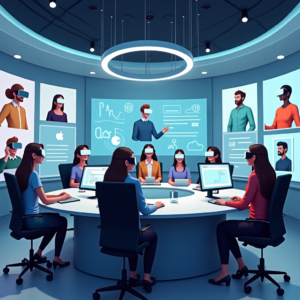 a futuristic virtual reality workspace with multiple digital screens, advanced VR headsets, and a diverse group of avatars representing remote workers, depicted in a sleek and modern virtual office environment, emphasizing a high-tech, productive atmosphere