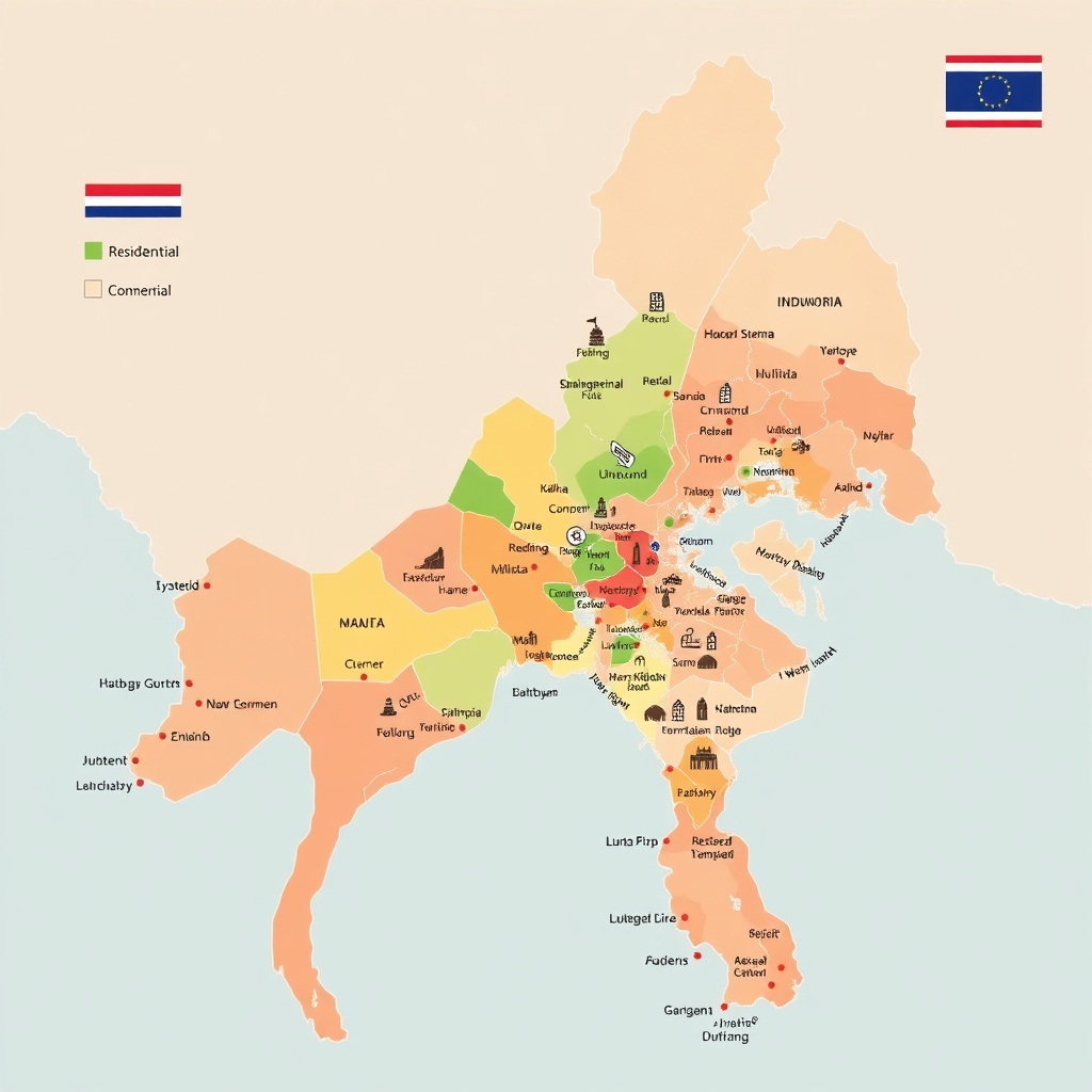 detailed illustration of a zoning map of Thailand showing different zones with color coding, highlighting residential, commercial, and industrial areas, alongside major landmarks and infrastructure
