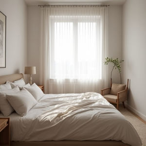 A serene, well-organized bedroom with natural light streaming through sheer curtains, a neatly made bed with soft linens in calming colors, minimalist decor, and a small, inviting nook with a comfortable chair and a stack of books