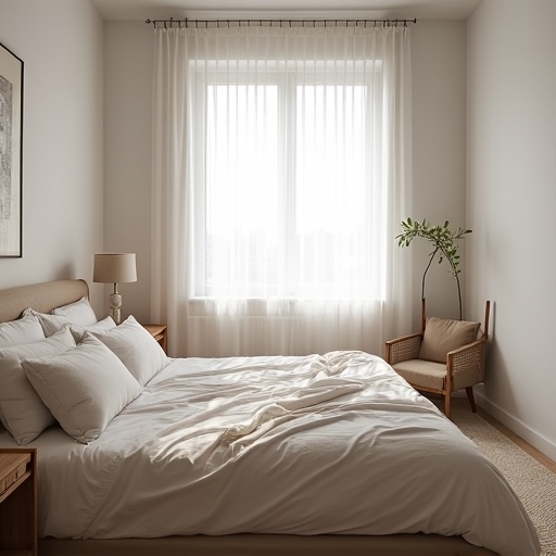 A serene, well-organized bedroom with natural light streaming through sheer curtains, a neatly made bed with soft linens in calming colors, minimalist decor, and a small, inviting nook with a comfortable chair and a stack of books