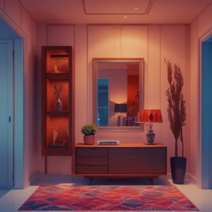 A stylish, well-organized condo entryway featuring multi-functional furniture with hidden storage, sleek design, and a decorative mirror reflecting a spacious interior, enhancing the sense of space.
