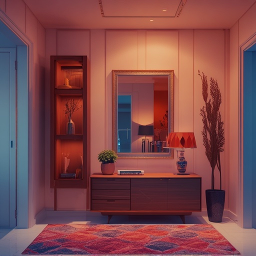 A stylish, well-organized condo entryway featuring multi-functional furniture with hidden storage, sleek design, and a decorative mirror reflecting a spacious interior, enhancing the sense of space.