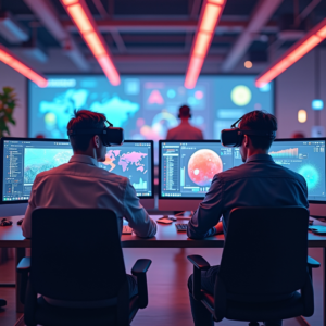 a detailed virtual reality office environment, showcasing individuals in different global locations interacting via VR headsets, depicted with high-resolution graphics and vibrant colors, emphasizing a sense of collaboration and advanced technology