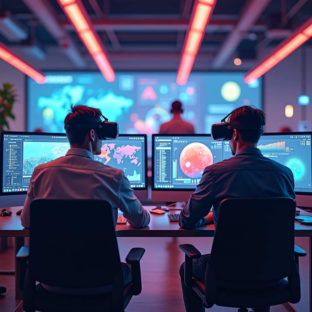 a detailed virtual reality office environment, showcasing individuals in different global locations interacting via VR headsets, depicted with high-resolution graphics and vibrant colors, emphasizing a sense of collaboration and advanced technology