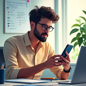 A busy professional using productivity apps on a sleek, modern smartphone, with visible icons for Trello, Forest, and Notion, in a well-organized, light-filled office environment
