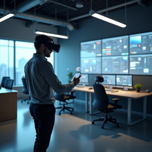 A virtual reality office setup showing a user in VR headset interacting with 3D virtual interfaces, surrounded by a realistic depiction of an office with desks, chairs, and digital screens, enhancing the sense of a professional workspace