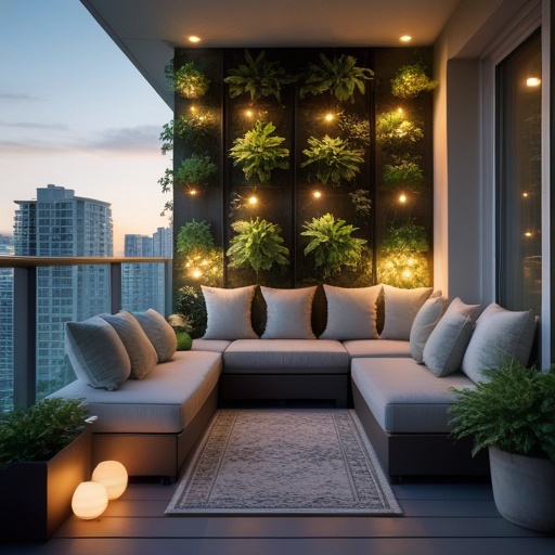 A beautifully transformed condo balcony featuring cozy seating with stylish cushions, a small vertical garden with lush green plants, ambient solar-powered lights softly illuminating the space, and a compact yet elegant outdoor rug, all creating a serene and inviting atmosphere