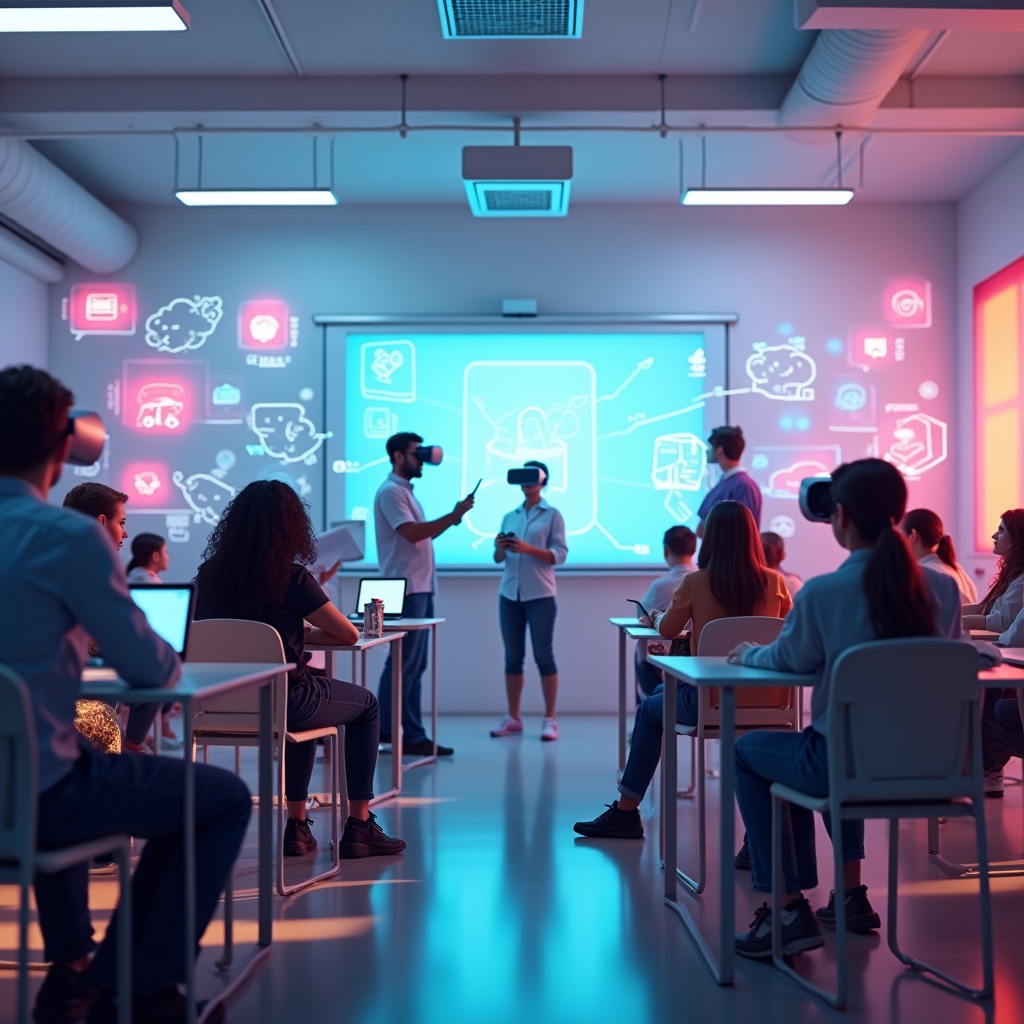 a virtual reality classroom with diverse students interacting, digital avatars in a 3D-rendered space, educational tools floating as holographic projections, bright and engaging color scheme, ultra-realistic details