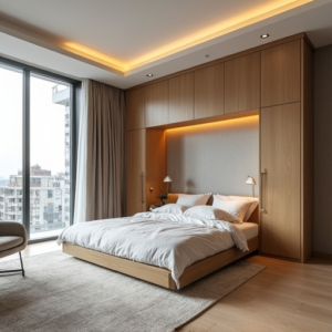 A cozy, modern condo living room with a Murphy bed folded up revealing a sleek home office setup, featuring light wood finishes and soft, neutral colors, accentuated by natural light pouring in through large windows, creating an inviting and functional space.