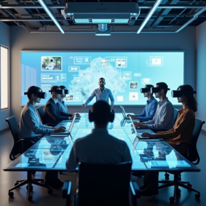 A virtual reality meeting room showing diverse avatars of team members interacting around a digital table, equipped with futuristic tools and displays, reflecting a highly detailed and immersive virtual workspace environment